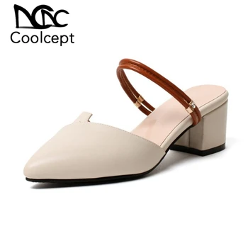 

Coolcept Women Sandals Shoes Cool Pointed Toe Square Heels Shoes Women Fashion Strap Toe Slip On Casual Footwear Size 30-43