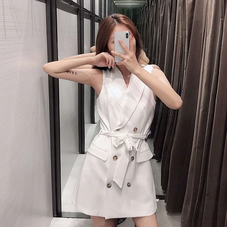 White women white elegant long vest coat korean style ladies long waistcoat sleeveless bow belt outwear female gilet femme - Цвет: White