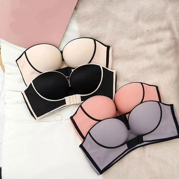 

1/2 Cup Push Up Bra Front and Behind Buckle Underwear Women Sexy Deep V Strapless Stealth Brassiere Wire Free Thicken Lingerie