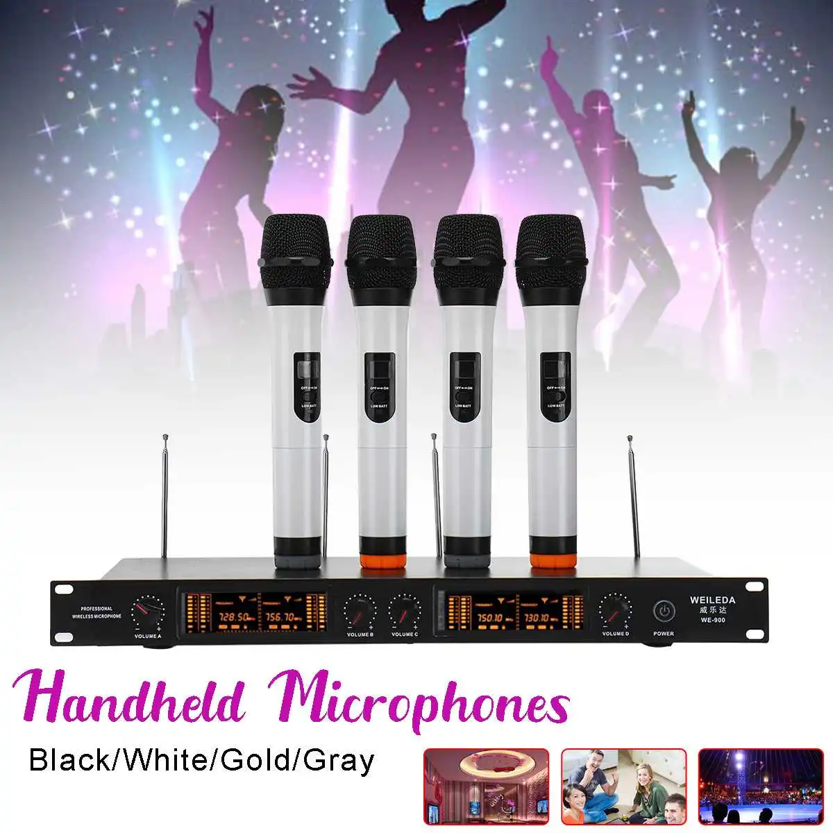 110-220V UHF Receiver 4pcs Wirelss Microphone LCD Display 4 Channel System Home Party Meeting KTV Conference Rooms Accessories