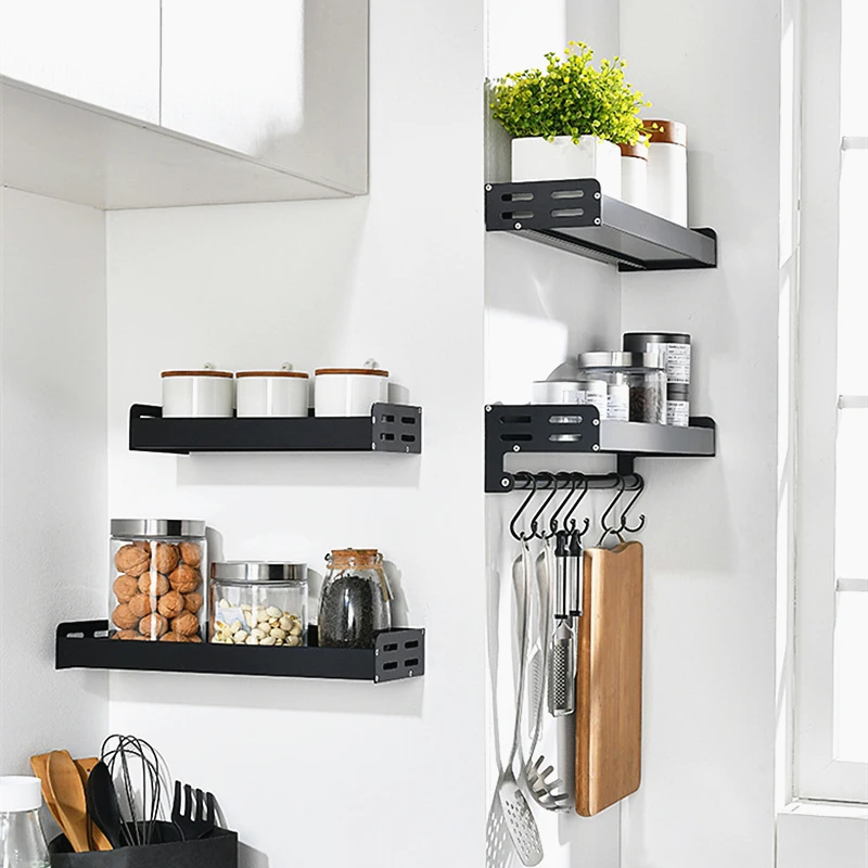 

Black Stainless Aluminum Wall Mount Kitchen Storage Spice Rack HangingBottle Holder Organizer Seasoning Containers Shelf Tools