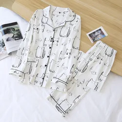 Spring and Autumn Long-sleeved Trousers Ladies Pajamas Two-piece 100% Cotton Cartoon Home Service Sweet Home Service Suit