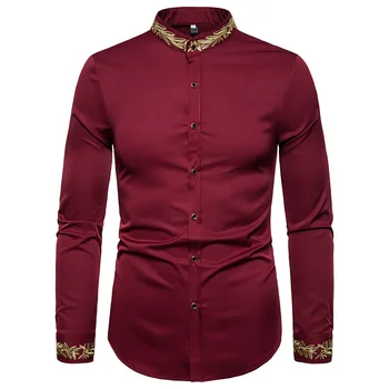 

Fall 2019 men's fashion embroidered shirt western style shirt pattern embroidered Henry collar long-sleeved shirt