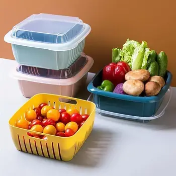 

2 Set Double-Layer Colander with Lid Plastic Kitchen Strainer Drain Basin Basket Washing Bowl Vegetables Fruit Kitchen Gadget
