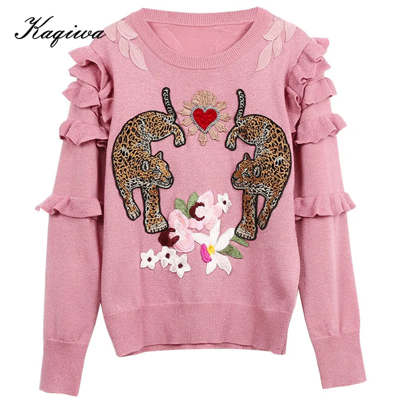 Tiger flower embroidery sweater fashion temperament lady loose show thin wood ear edge bright silk base knitting Pullover B-019 | Женская