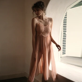 

Honeymoon Pink Sexy Lingerie Lace Straps Gather High Slits See-through Mesh Gown Nightgown Sleepwear Nightdress Set Sleep Dress