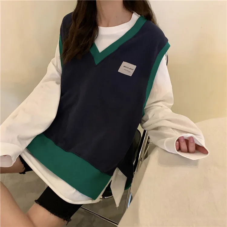Single Canglan vest Весна Осень корейский стиль панелями Уличная ins модный бренд свободные сплит женские топы майки с v-образным вырезом куртки в стиле Харадзюку куртки - Цвет: Single Canglan vest