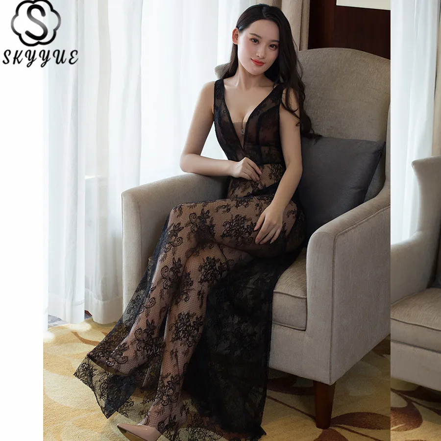 

Skkyue Sleeveless Perspective Dress Elegant Floor Length Women Party Dresses Robe De Soiree 2019 Lace V-Neck Evening Gowns H004