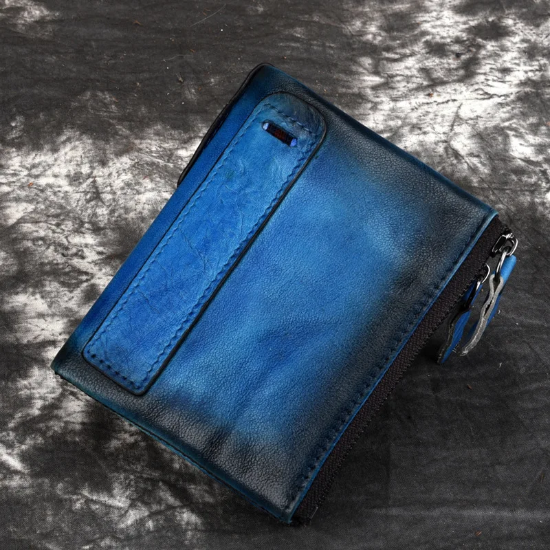Men's Wallet Retro Cowhide Double Zipper Clutch Genuine Leather Small Purse For Male Handmade Casual Men Short Wallet