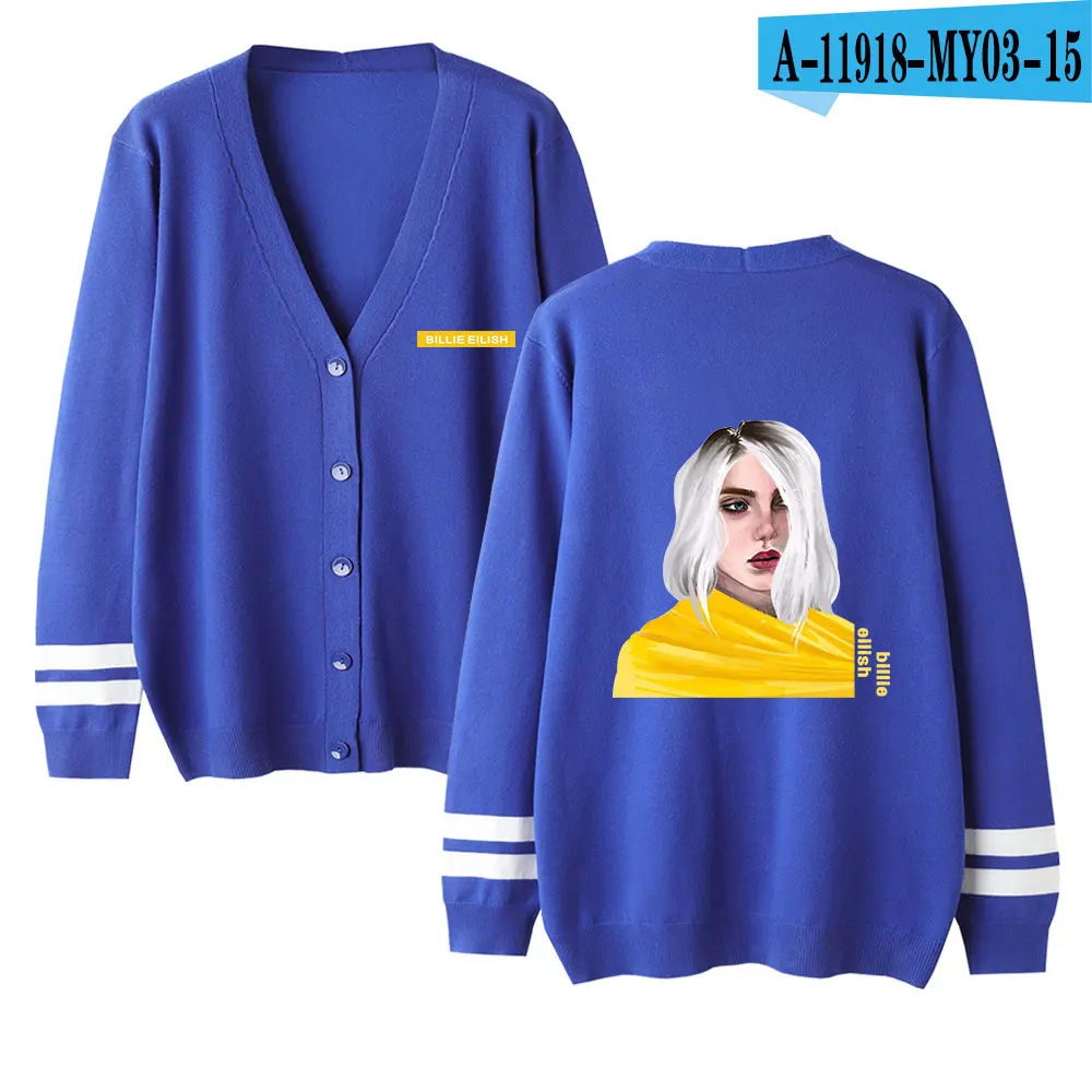 Billie Eilish женский кардиган свитер с v-образным вырезом однотонный Свободный Трикотаж однобортный Повседневный вязаный кардиган верхняя одежда зимняя куртка пальто - Цвет: blue