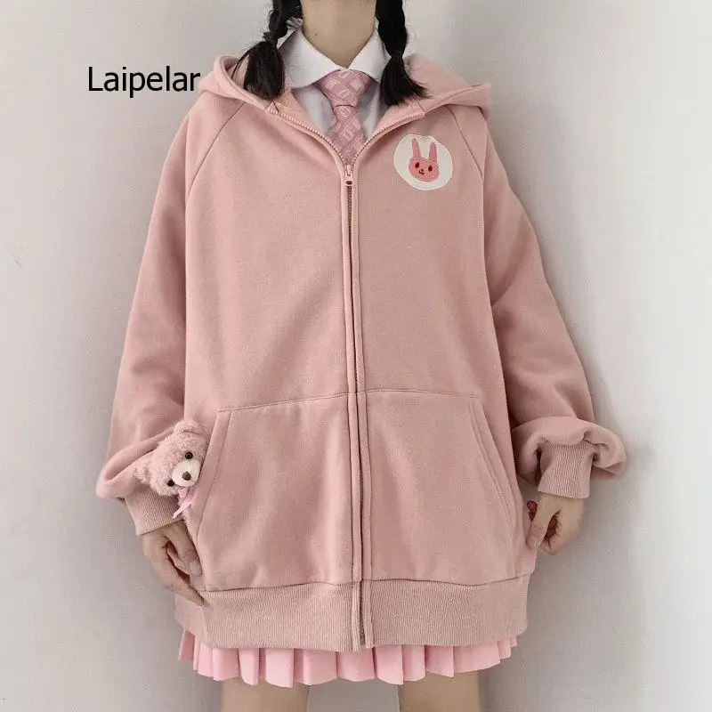 Autumn Winter New Korean Long Sleeve Japanese College Style Lovely Embroidery Hooded Zipper Coat Female