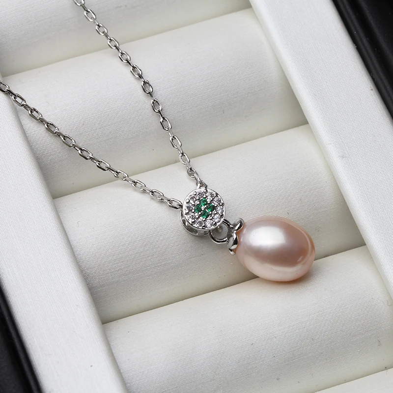 Green Stone Natural Freshwater Pearl Pendant Necklace For Women,Beautiful 925 Silver Pearl Pendant Chain Fine Jewelry