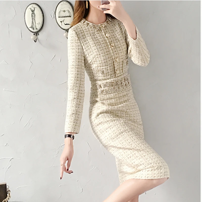 

2019 New Autumn Tweed Dress Women Spring Vintage Beading Plaid Dresses Female Elegant Small fragrance Office Work Woolen Dress