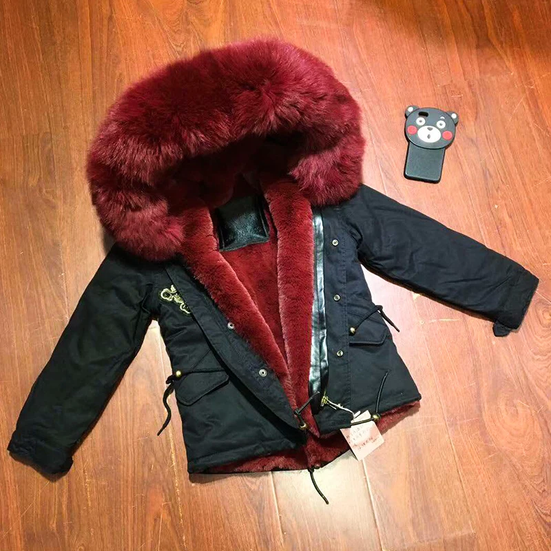 

Elegant Black Parka For Little Girl Wine Red Fox Fur Collar And Faux Fur Lining Coat WIth Snake-shaped Beads Decoration Jacket