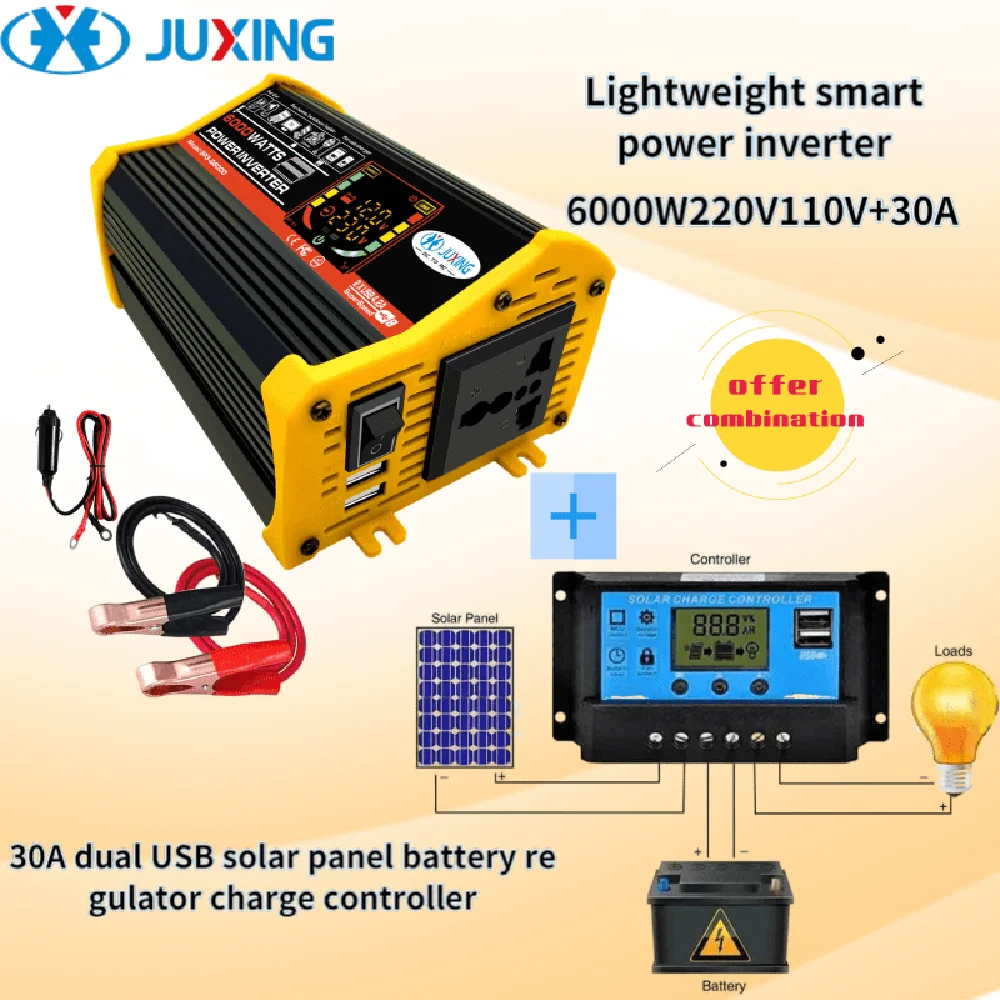 

JUXING Converter Kit: Power Inverter Voltage Transformer DC 12V to AC 110V/220V with Dual USB + 30A Solar Controller Use for Car