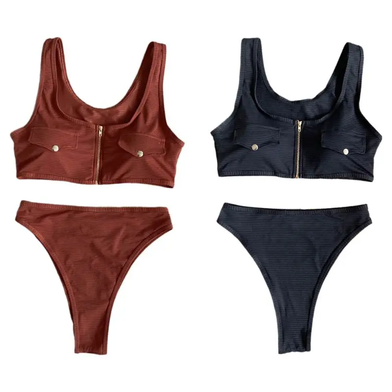 

Women Sexy Two Piece Bikini Set Zipper Fake Pocket Bra High Waist Thong Swimsuit Solid Color Ribbed Striped Bathing Suit