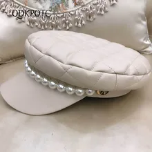 QDKPOTC, новинка, Осень-зима, военные шапки из искусственной кожи, модные женские шапки с жемчугом, темно-синяя шапка, женская шапка для отдыха и путешествий, уличная шапка