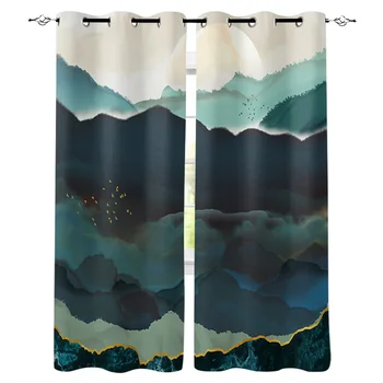 

Watercolor Landscape Moon Green Curtains Window Living Room Curtains High Blackout Curtain Thick