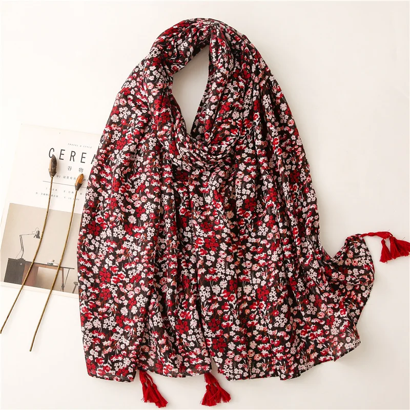 Spain Fashion Maroon Polka Floral Tassel Viscose Scarf Lady Print Soft Hijab Shawls and Wraps Female Foulard Echarpe Muslim Caps