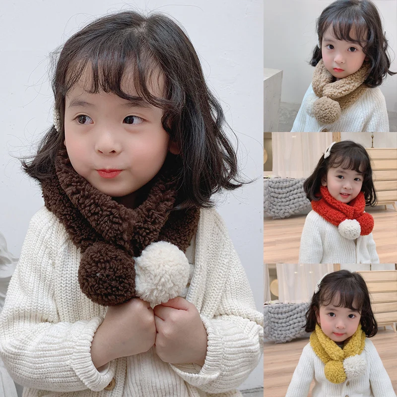 Зимний теплый плюшевый шарф для маленьких мальчиков и девочек, детские шарфы с воротником и шаром, шейные платки для малышей