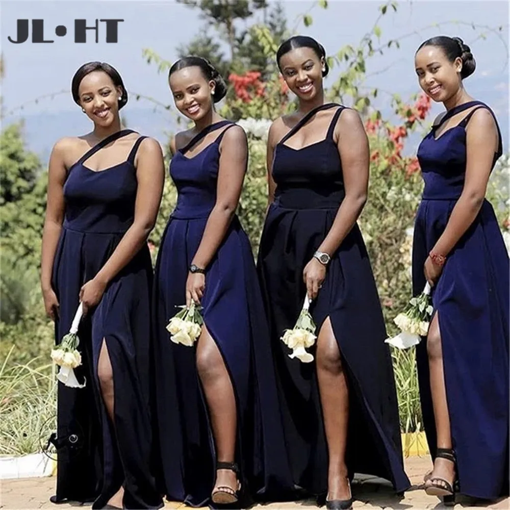 2021 African Dark Blue Wedding Party Dress Long Chiffon Maid Of Honor Gowns  Slit One Shoulder Bridesmaid Dresses - Bridesmaid Dresses - AliExpress