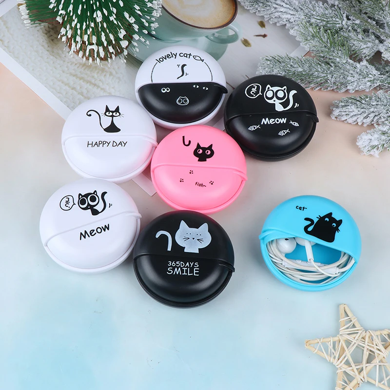 

Earphone Wire Box Organizer Data Line Cables Storage Case Round Plastic Container Jewelry Headphone Protect with Rotating Cover