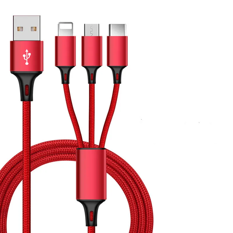 Mini one tow three data cable 2A универсальный кабель для зарядки мобильного телефона three-in-one металлический тканый кабель для передачи данных three tow