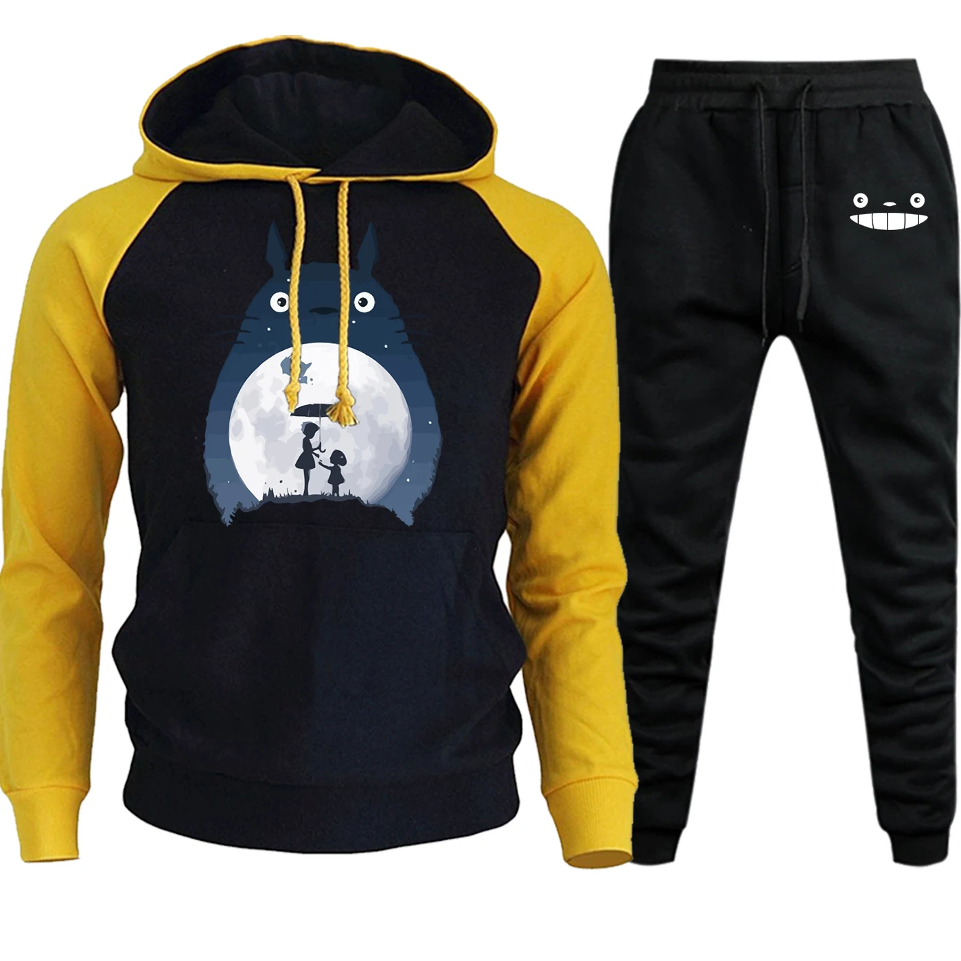 Totoro, милая спортивная мужская одежда с принтом, реглан, Повседневный, с капюшоном, новинка, Осень-зима, костюм японского аниме, флисовая толстовка с капюшоном+ штаны, комплект из 2 предметов