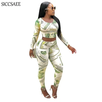 

Green Backs Printed Two Piece Set Crop Top And Pants Bandage Outfits For Women Bodycon Bodysuit Sexy Tight Slim Fit Costumes