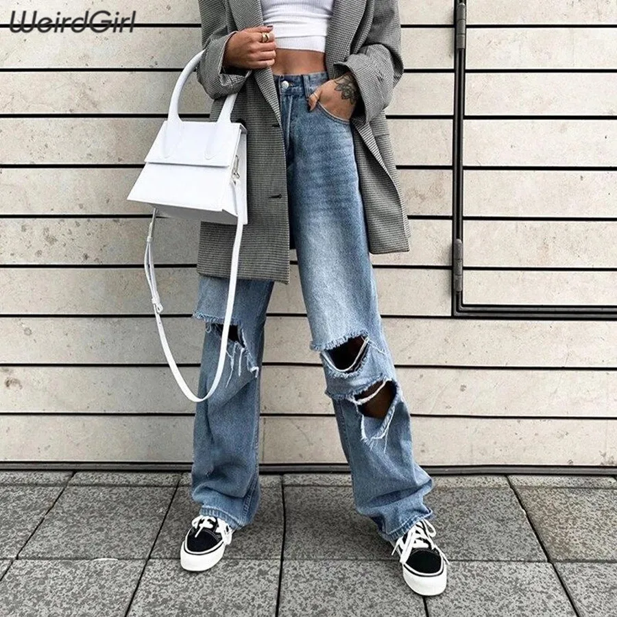 

Weirdgirl women fashion casual jeans Loose full length Denim Pants high waist female trousers Streetwear pant button new autumn