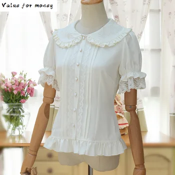 

Sweet Shirt Lolita Short Puff Sleeve Flower Embroidered Peter Pan Collar White Ruffle Blouse for Ladies