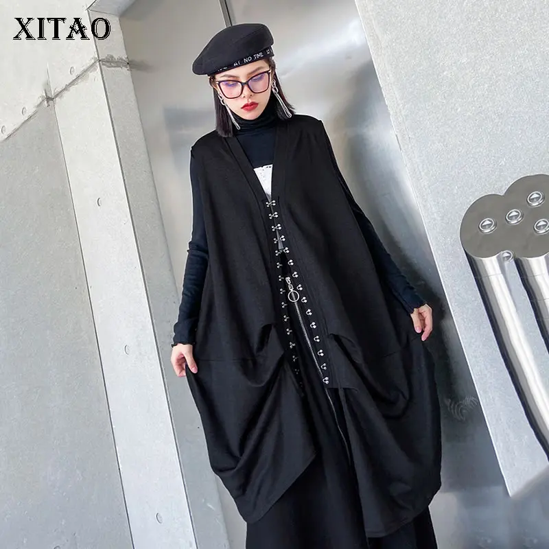 

XITAO Streetwear Plus Size Womens Vest Mid-length Loose Sleeveless V-neck Women Clothes 2020 Spring Autumn Tide Brand DMY3352