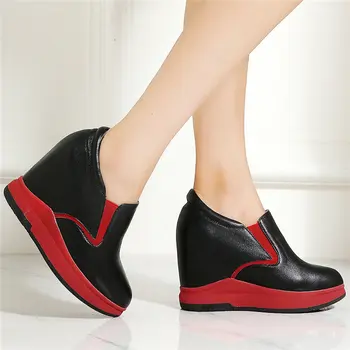 

Trainers Women Cow Leather Wedges High Heel Ankle Boots Female Slip On Pointed Toe Platform Pumps Shoes Low Top Fashion Sneakers