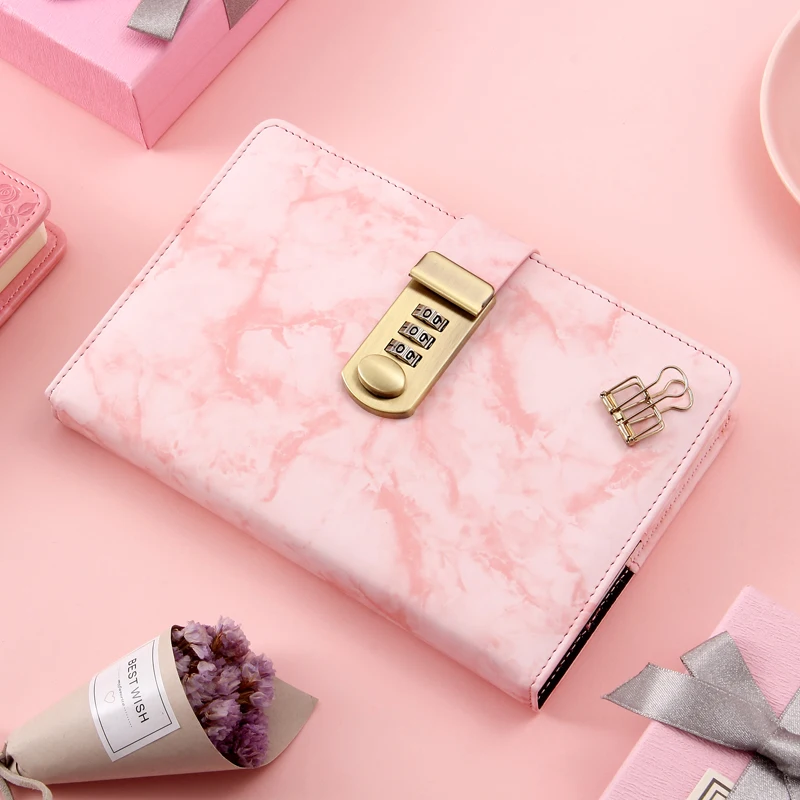 

password notebook diary with coded lock B6 Personal planner hardcover Squared marble imitation leather travel notepad