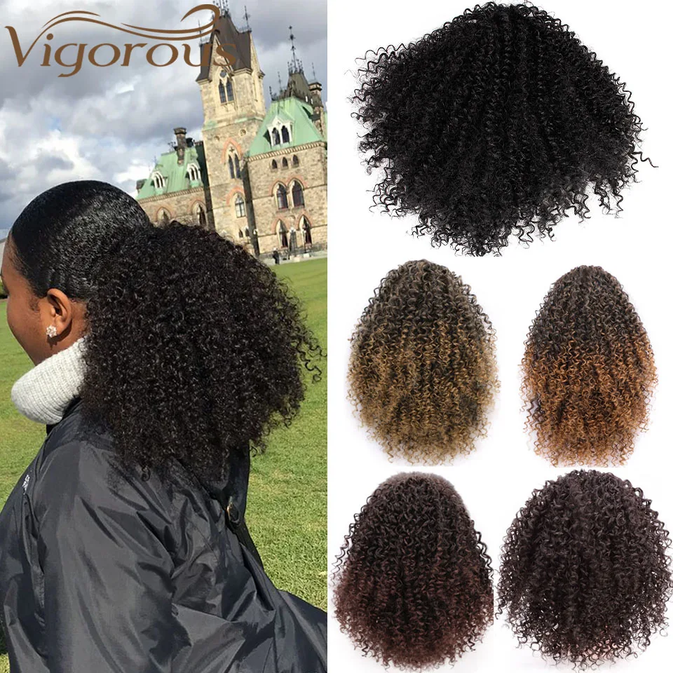 

Vigorous Short Curly Ponytail Drawstring Puffed Afro 8inches Synthetic Hairpiece Clip in Hair Extension African American