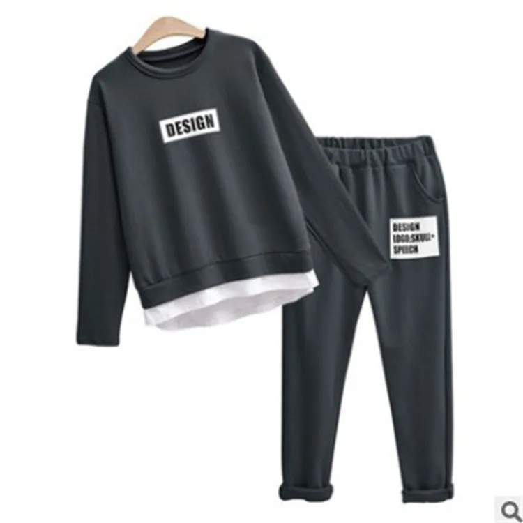 Dark grey Женский комплект из двух предметов, спортивные костюмы и комплект, осеносенняя Повседневная Толстовка, длинные штаны, толстовки, топы, комплекты одежды, спортивный костюм для женщин - Цвет: Dark grey