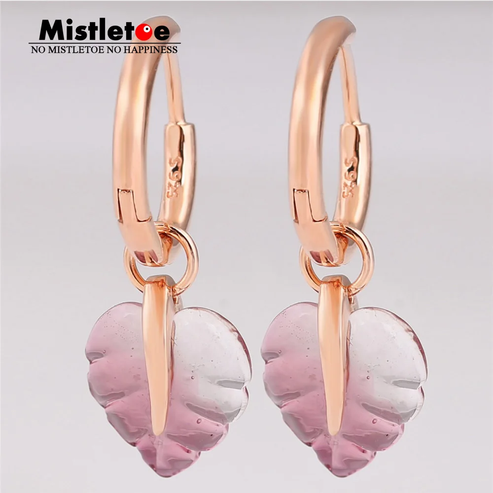 Серьги-кольца из муранского стекла с 925 пробы и серебряными розовыми листьями, европейские ювелирные изделия с розой