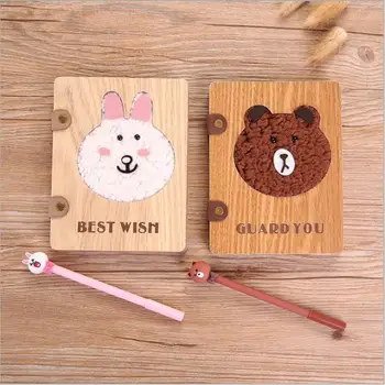 

One Set Bear/Rabbit Kawaii Notebook Creative Wood Notebook Journals Books Toy Set with Pen Korean Diary Notepad School Supplies
