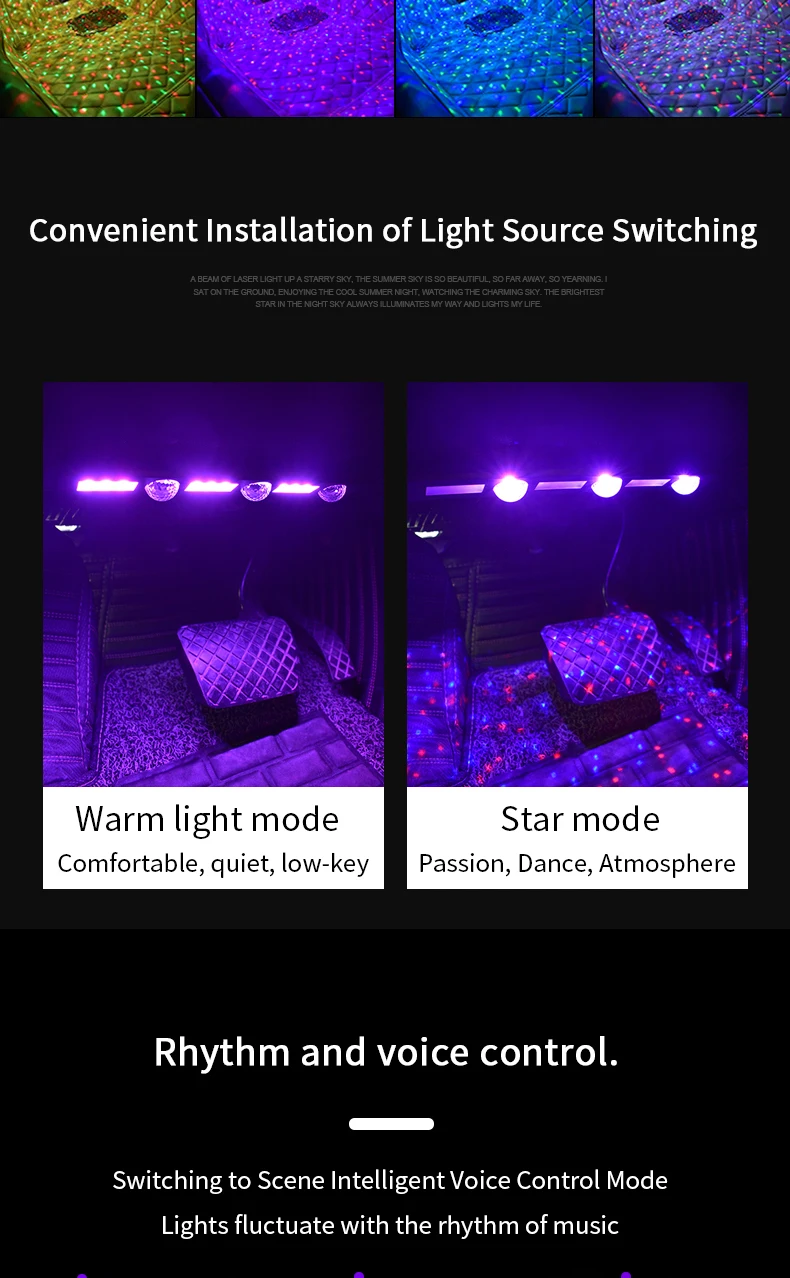 Светодиодный светильник RGB для салона автомобиля, Звездный напольный светильник s USB, автомобильные декоративные лампы для стайлинга, вечерние, музыкальные, автомобильные лампы