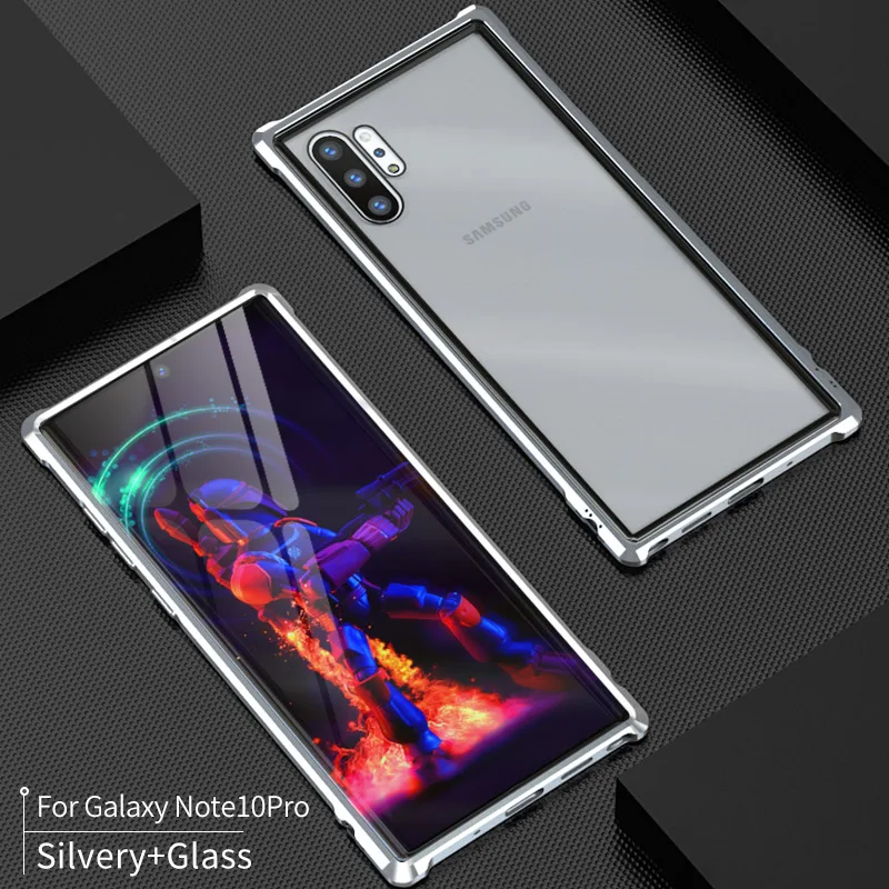 Броня металлический бампер чехол для samsung Galaxy Note 10 10 Plus Чехол 9H закаленное стекло твердая задняя крышка для samsung Note 10 Plus Coque - Цвет: Silver