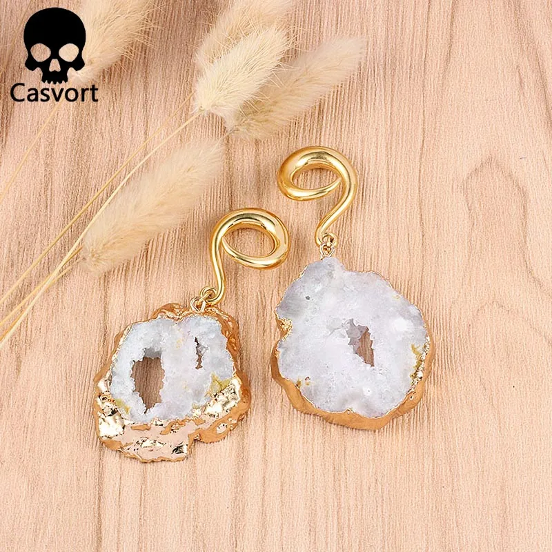 Casvort 2 шт. Новые Нерегулярные с драгоценными кристаллами затычки для ушей болтающиеся ушные туннели из нержавеющей стали золотые ушные весы с крючком пирсинг