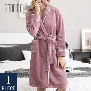 

BANNIROU Women Robe Solid Velvet Long Winter Long Robe Woman Bath Robe Pajamas Casual Thick Warm Sleepwear 2020