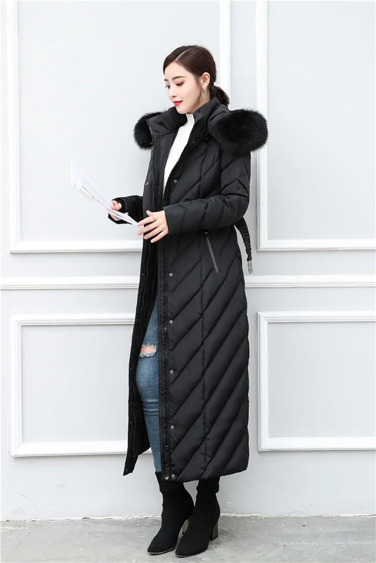 S-4XL размера плюс, зимнее длинное пальто выше колена на 90% утином пуху, женский длинный толстый теплый пуховик, парки с натуральным лисьим мехом F419