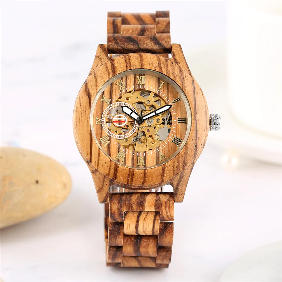 

reloj masculino Luxury Roman Numerals Dial Mechanical Self-Winding Wooden Wristwatch Automatic Men's Watch New Arrival 2019