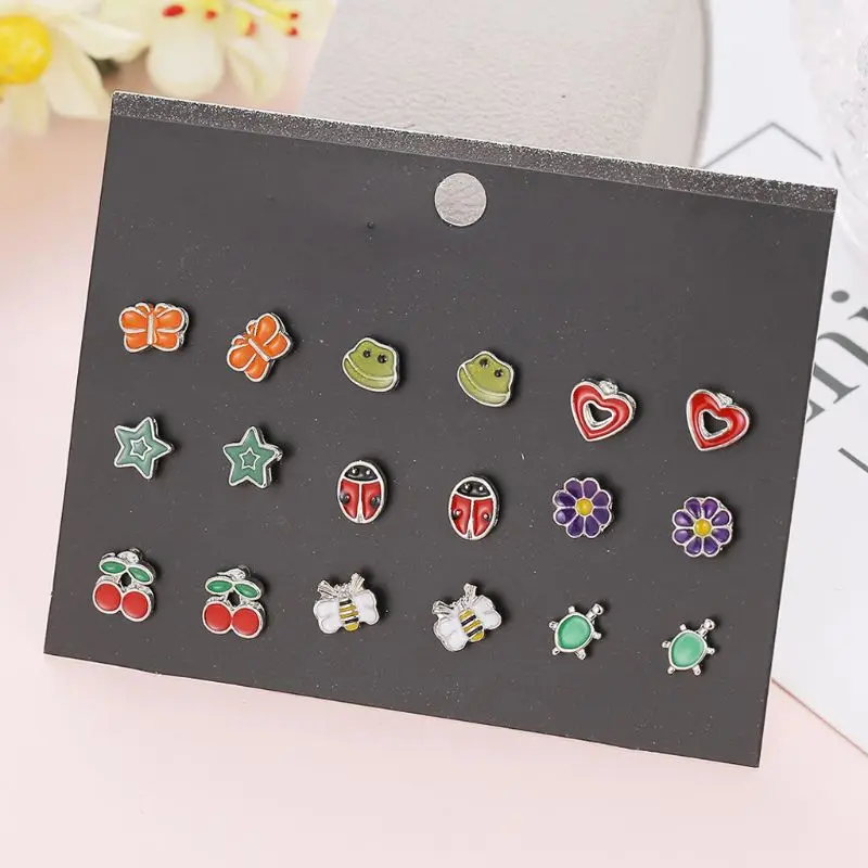 30 Pairs Stainless Steel Mixed Animals Heart Star Ladybug Bee Frog Mushroom Tree Daisy Umbrella Stud Earrings Set Kids kids earrings set