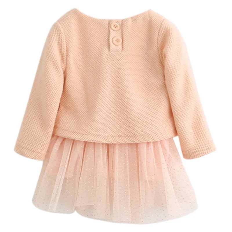 Розовый Girls Dress Autumn Long Sleeve Patchwork Plush Ball Bow Tulle Dresses Kids Clothes - Цвет: Розовый
