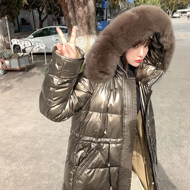 Женская зимняя пуховая хлопковая куртка в стиле панк золотистого цвета, модная блестящая Черная куртка с капюшоном, толстая блестящая свободная теплая парка с натуральным лисьим мехом, Женское пальто