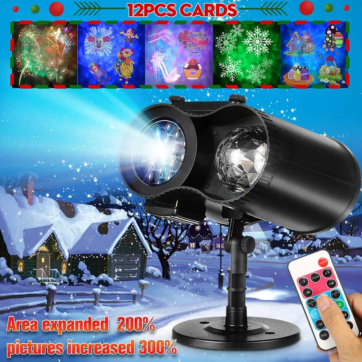 

Projector Light 12 Cards LED Projection Lamp Double Barrel Water-Wave Outdoor New Year Party Decor Merry Christmas Floodlights