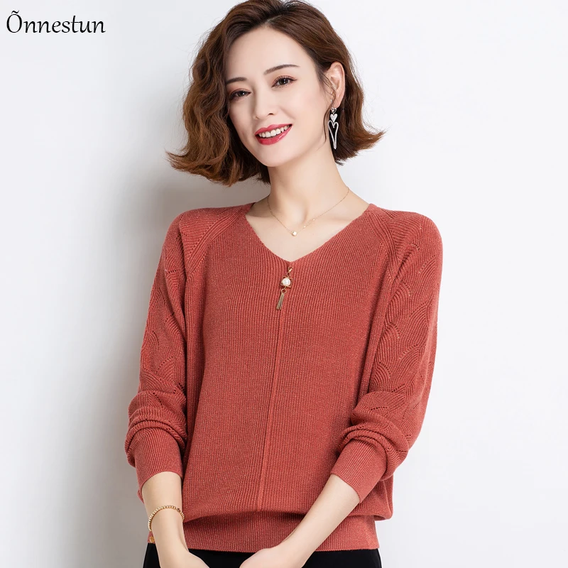 Pink Sweater Woman New Autumn Causal Knitwear Pullovers Women Clothes Crop Top Jumper Solid V Neck Sweaters | Женская одежда