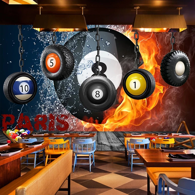 

Custom Any Size Mural Wallpaper 3D Stereo Creative Billiards Hanging Wheel Sport Fresco Billiards Room Background Wall Papers 3D